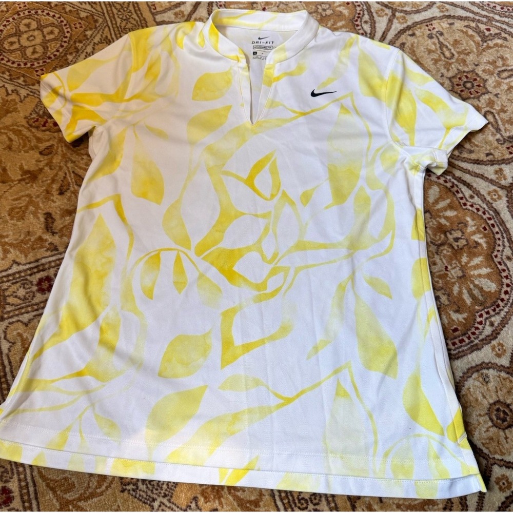 Nike Dri Fit Womens Yellow White Lemon Print mandarin collar Standard  Top M/Med